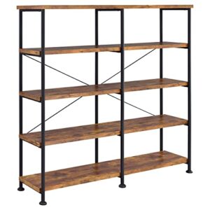 coaster analiese rustic industrial 60" 4-shelf wood double bookcase with black metal frame, brown nutmeg