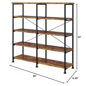 Coaster Analiese Rustic Industrial 60" 4-Shelf Wood Double Bookcase With Black Metal Frame, Brown Nutmeg