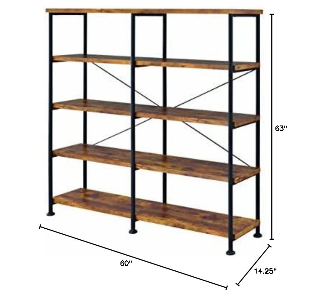 Coaster Analiese Rustic Industrial 60" 4-Shelf Wood Double Bookcase With Black Metal Frame, Brown Nutmeg