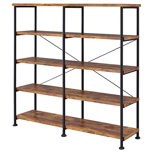 Coaster Analiese Rustic Industrial 60" 4-Shelf Wood Double Bookcase With Black Metal Frame, Brown Nutmeg