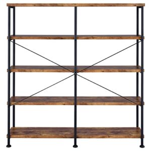 Coaster Analiese Rustic Industrial 60" 4-Shelf Wood Double Bookcase With Black Metal Frame, Brown Nutmeg