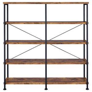 Coaster Analiese Rustic Industrial 60" 4-Shelf Wood Double Bookcase With Black Metal Frame, Brown Nutmeg