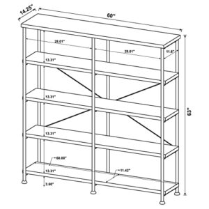 Coaster Analiese Rustic Industrial 60" 4-Shelf Wood Double Bookcase With Black Metal Frame, Brown Nutmeg