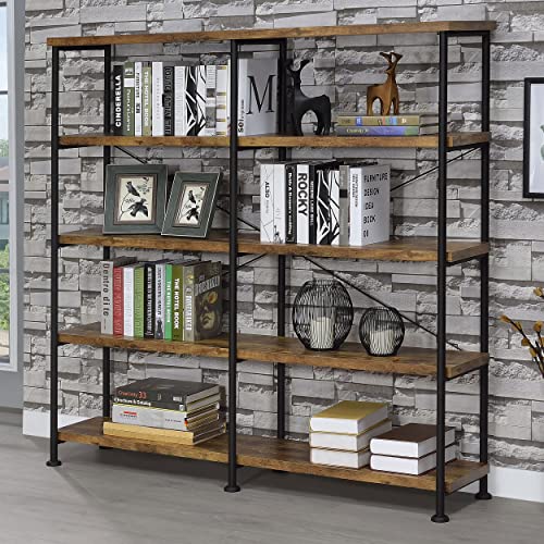 Coaster Analiese Rustic Industrial 60" 4-Shelf Wood Double Bookcase With Black Metal Frame, Brown Nutmeg