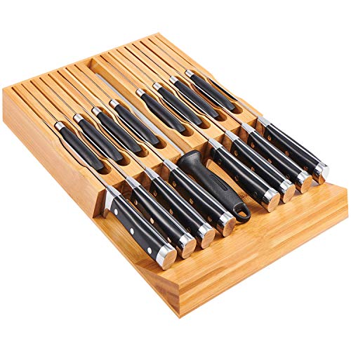 Utoplike In-Drawer Bamboo knife block, Drawer Knife Set Storage, Knife Organizer and Holder with Slots for 16 Knives and 1 Sharpening Steel (Not Included)-Kitchen Drawer, Counter Top