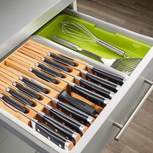 Utoplike In-Drawer Bamboo knife block, Drawer Knife Set Storage, Knife Organizer and Holder with Slots for 16 Knives and 1 Sharpening Steel (Not Included)-Kitchen Drawer, Counter Top