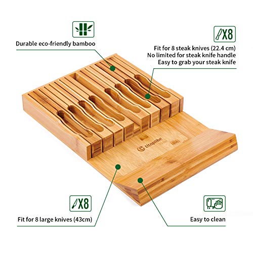 Utoplike In-Drawer Bamboo knife block, Drawer Knife Set Storage, Knife Organizer and Holder with Slots for 16 Knives and 1 Sharpening Steel (Not Included)-Kitchen Drawer, Counter Top