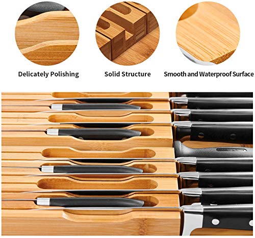 Utoplike In-Drawer Bamboo knife block, Drawer Knife Set Storage, Knife Organizer and Holder with Slots for 16 Knives and 1 Sharpening Steel (Not Included)-Kitchen Drawer, Counter Top