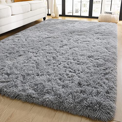 YJ.GWL Super Soft Shag Rugs Fluffy Carpets, Grey Area Rug for Living Room Bedroom Girls Kids Room Nursery Dorm Home Decor, Non-Slip Plush Indoor Floor Bedside Rug for Toddler's Room, 4x5.3 Feet