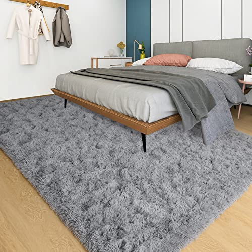 YJ.GWL Super Soft Shag Rugs Fluffy Carpets, Grey Area Rug for Living Room Bedroom Girls Kids Room Nursery Dorm Home Decor, Non-Slip Plush Indoor Floor Bedside Rug for Toddler's Room, 4x5.3 Feet