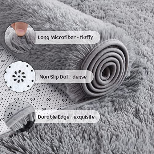 YJ.GWL Super Soft Shag Rugs Fluffy Carpets, Grey Area Rug for Living Room Bedroom Girls Kids Room Nursery Dorm Home Decor, Non-Slip Plush Indoor Floor Bedside Rug for Toddler's Room, 4x5.3 Feet