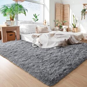 YJ.GWL Super Soft Shag Rugs Fluffy Carpets, Grey Area Rug for Living Room Bedroom Girls Kids Room Nursery Dorm Home Decor, Non-Slip Plush Indoor Floor Bedside Rug for Toddler's Room, 4x5.3 Feet