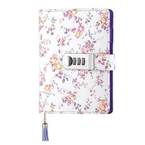 junshop floral password diary with lock a6 refillable locking journal pu leather combination locked diary journal (purple)
