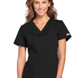 V-Neck Womens Scrubs Top Workwear Originals with Rib-Knit Back Panels WW645, M, Black