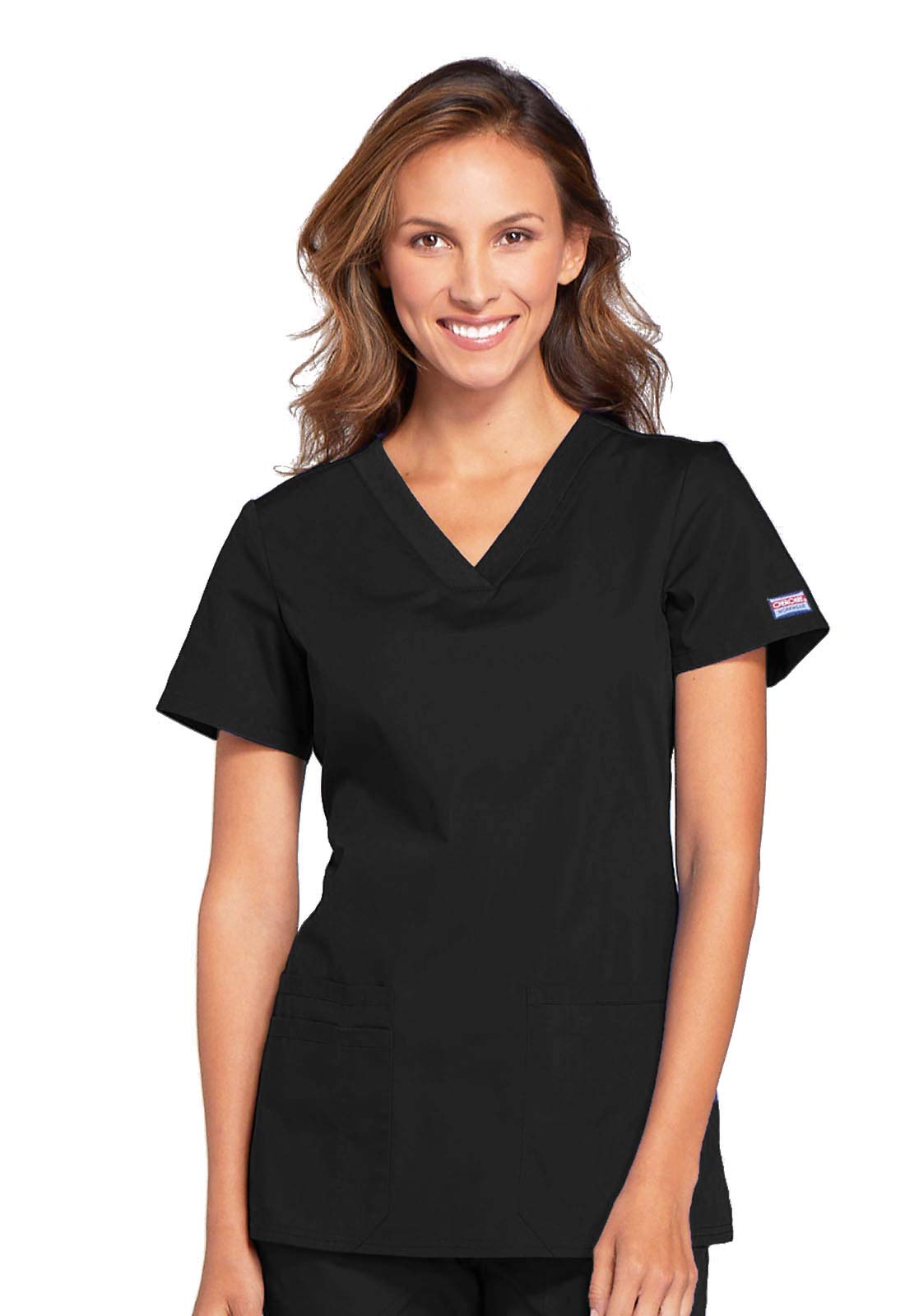 V-Neck Womens Scrubs Top Workwear Originals with Rib-Knit Back Panels WW645, M, Black