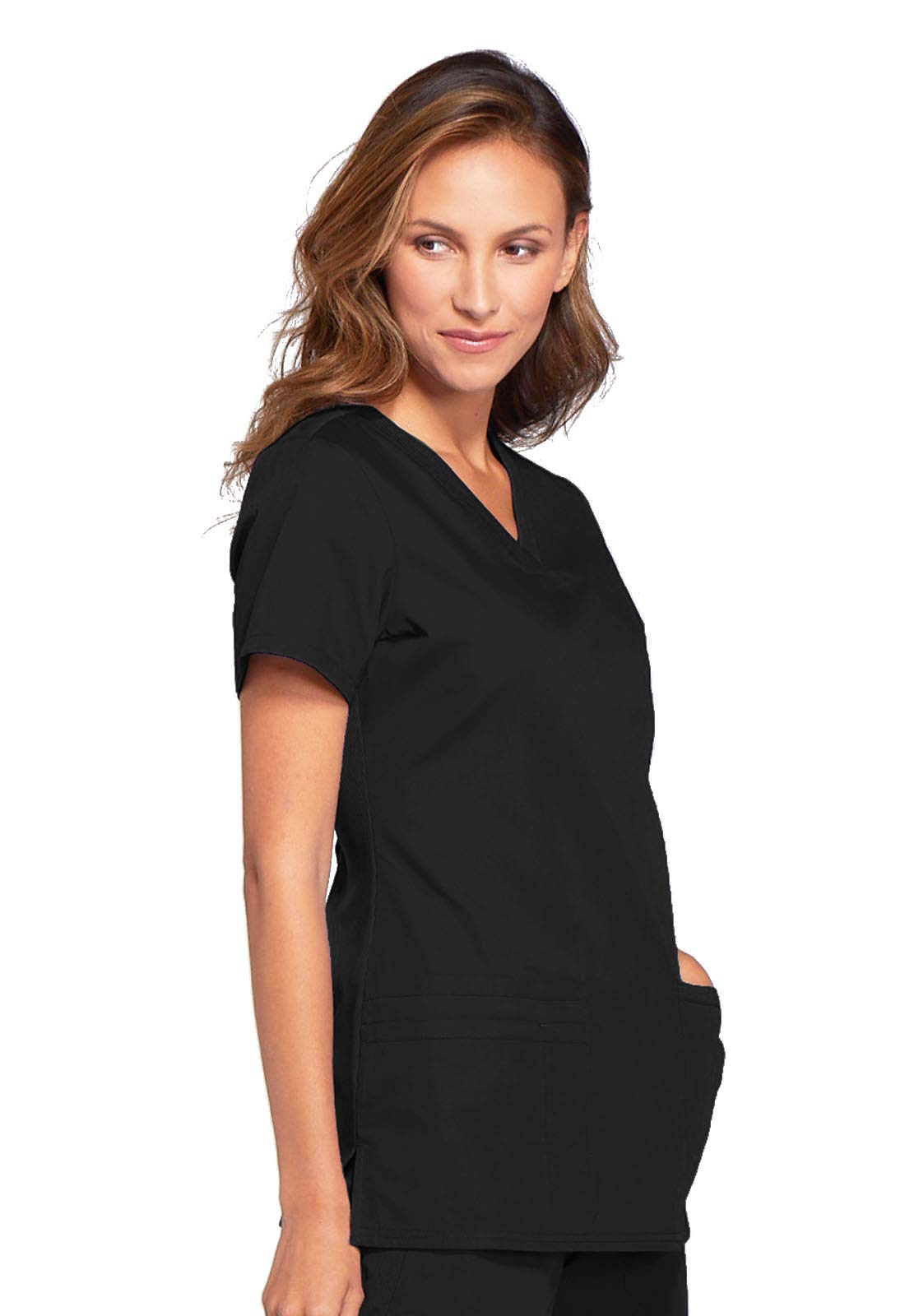 V-Neck Womens Scrubs Top Workwear Originals with Rib-Knit Back Panels WW645, M, Black