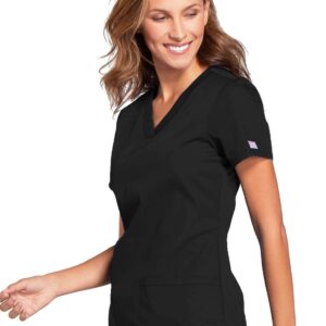 V-Neck Womens Scrubs Top Workwear Originals with Rib-Knit Back Panels WW645, M, Black