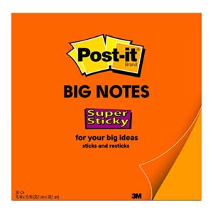 post-it super sticky big notes, 15in x 15 in, 1 pad, 2x the sticking power, neon orange (bn15)
