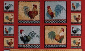 panel roosters farm fowl barnyard birds poultry cockerel country kitchen cotton fabric panel (d562.15)