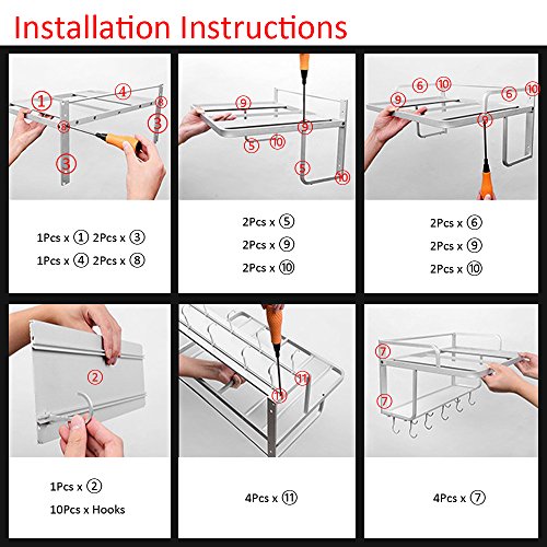 Ninetonine Alumimum Microwave Oven Wall Mount Double Deck Shelf With Hooks Silver