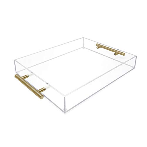 Isaac Jacobs Clear Acrylic Serving Tray (11x14) with Gold Metal Handles, Spill-Proof, Stackable Organizer, Food & Drinks Server, Indoors/Outdoors, Lucite Storage Décor (11x14, Clear with Gold Handle)