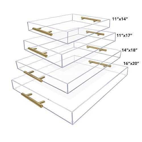 Isaac Jacobs Clear Acrylic Serving Tray (11x14) with Gold Metal Handles, Spill-Proof, Stackable Organizer, Food & Drinks Server, Indoors/Outdoors, Lucite Storage Décor (11x14, Clear with Gold Handle)