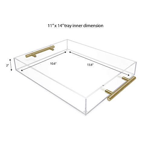 Isaac Jacobs Clear Acrylic Serving Tray (11x14) with Gold Metal Handles, Spill-Proof, Stackable Organizer, Food & Drinks Server, Indoors/Outdoors, Lucite Storage Décor (11x14, Clear with Gold Handle)