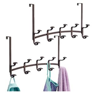 mdesign decorative metal over door 10 hook storage organizer rack for coats, hoodies, hats, scarves, purses, leashes, bath towels, robes, clothing - hydra collection - 2 pack - bronze