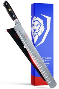 dalstrong shogun elite series damascus japanese aus-10v super steel granton edge slicing & carving kitchen knife, 12 inches, sheath included