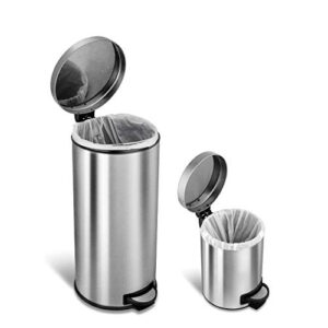 NINESTARS AMZ-CB-SOT-30-1/5-1 CB-SOT-30-1/5-1 Step-on Trash Can Combo Set, 8 Gal 30L & 1.2 Gal 5L, Stainless Steel Base (Round, Lid)