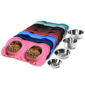 hubulk pet dog bowls 2 stainless steel dog bowl with no spill non-skid silicone mat + pet food scoop water and food feeder bowls for feeding small medium large dogs cats puppies (s, pink)