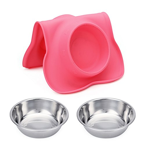 Hubulk Pet Dog Bowls 2 Stainless Steel Dog Bowl with No Spill Non-Skid Silicone Mat + Pet Food Scoop Water and Food Feeder Bowls for Feeding Small Medium Large Dogs Cats Puppies (S, Pink)