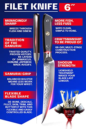 Dalstrong Fillet Knife - 6 inch - Shogun Series ELITE - Damascus - AUS-10V Japanese Super Steel - Boning Knife - Meat Cutting, Carving, Bone, Trimming, Deboning - Black G10 Handle - Sheath Included