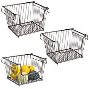 mdesign stackable metal basket for kitchen storage - large wire farmhouse bin basket w/handles for pantry - stacking wire basket organizer for food, drinks - hyde collection, 3 pack, bronze