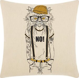 nourison mina victory rn130 trendy, hip, & new age tattooed cat throw pillow, 18" x 18", natural