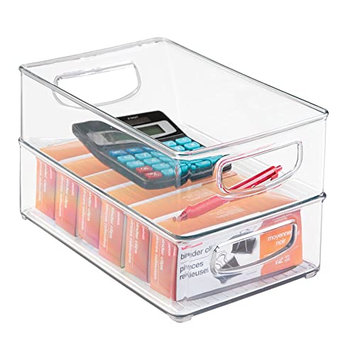 mDesign Small Plastic Office Storage Container Bins w/Handles for Organization in Filing Cabinet, Closet Shelf, Desk Drawers, Organizer for Notes, Pens, Pencils - Ligne Collection, 2 Pack - Clear