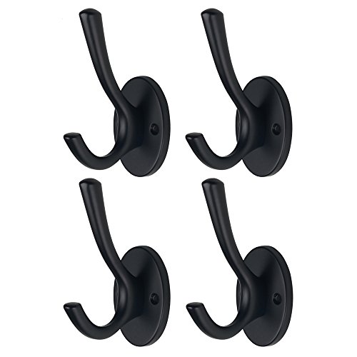 Mellewell 4 Pack Double Coat and Robe Hook for Bathroom and Bedroom Heavy Duty Wall Mount Matte Black, 09003B4