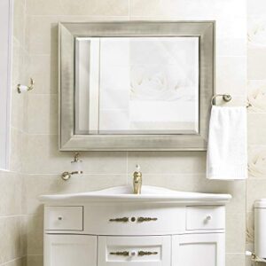 Head West Brushed Nickel Pave Textured Rectangular Framed Wall Vanity Mirror - Rustic Beveled-Edge Bathroom Mirror with 4 D-Ring Hangers for Vertical & Horizontal Placement - 29"x35"