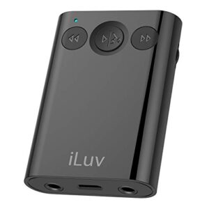 iluv (i111bt) 2-way bluetooth stereo audio receiver with splitter adapter; features dual volume & mute control, built-in mic for hands free calls and supports siri & google assistant voice command