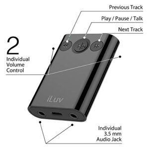 iLuv (i111BT) 2-Way Bluetooth Stereo Audio Receiver with Splitter Adapter; Features Dual Volume & Mute Control, Built-in Mic for Hands Free Calls and Supports Siri & Google Assistant Voice Command