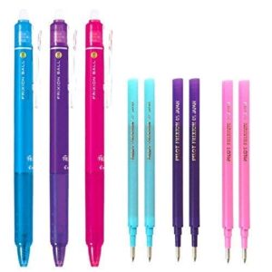 pilot frixion ball knock retractable erasable gel ink pens, extra fine point 0.5mm, pink/violet/light blue ink, 3 pens & 6 refills value set