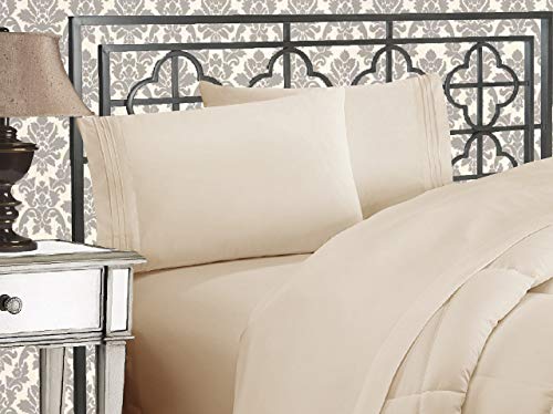 Elegant Comfort 1500 Thread Count Wrinkle & Fade Resistant Egyptian Quality Ultra Soft Luxurious 4-Piece Bed Sheet Set with Deep Pockets, Queen Beige