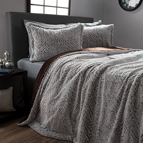 Faux Fur Comforter Set, 3 Piece King Comforter and Sham Set With Mink Faux Fur By Lavish Home – (King Size) (Grey / Chocolate / Black)