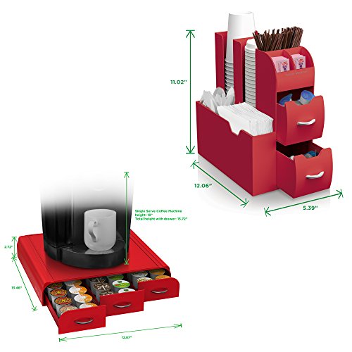 Mind Reader "Combine" 2-Piece Single Serve Coffee Pod Drawer and Condiment Organizer Station, Red