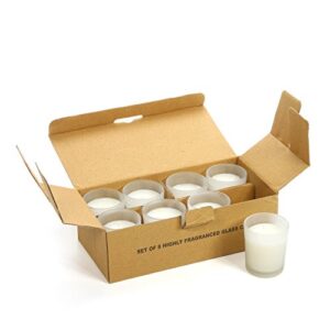 Hosley White Set of 8 Unscented Frosted Glass Filled Votive Candles Hand Poured Using a Vegetable Wax Blend