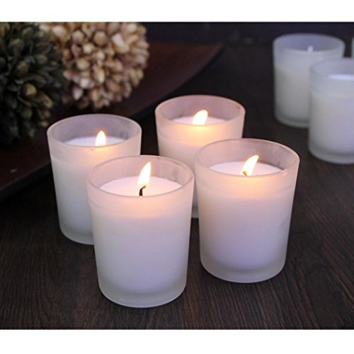 Hosley White Set of 8 Unscented Frosted Glass Filled Votive Candles Hand Poured Using a Vegetable Wax Blend