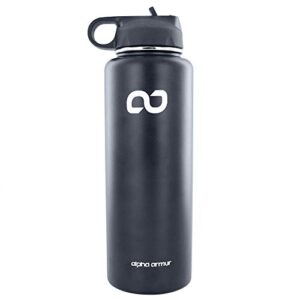alpha armur 40 oz (1.1l) water bottle stainless steel drinking flask double wall vacuum insulated stainless steel food flask wide mouth bottle with sports lid flask stainless steel for beach, black