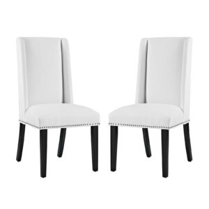 modway baron modern tall back wood faux leather upholstered two dining chairs in white