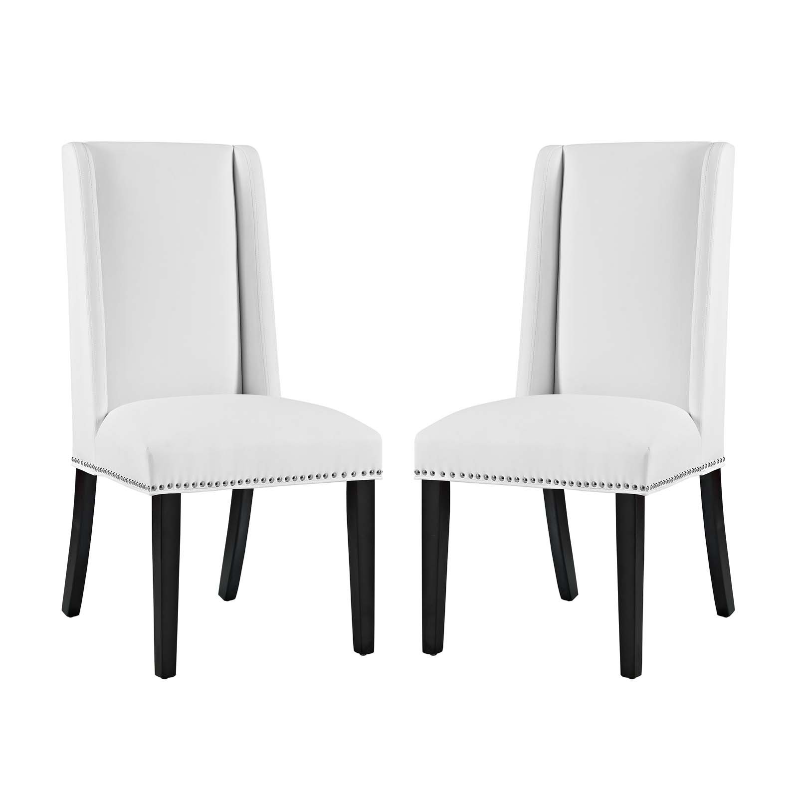 Modway Baron Modern Tall Back Wood Faux Leather Upholstered Two Dining Chairs in White