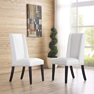Modway Baron Modern Tall Back Wood Faux Leather Upholstered Two Dining Chairs in White